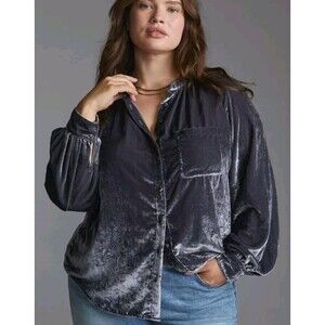 Pilcro Anthropologie Button Down Top Gray Pleating Velvet Relaxed Fit XS